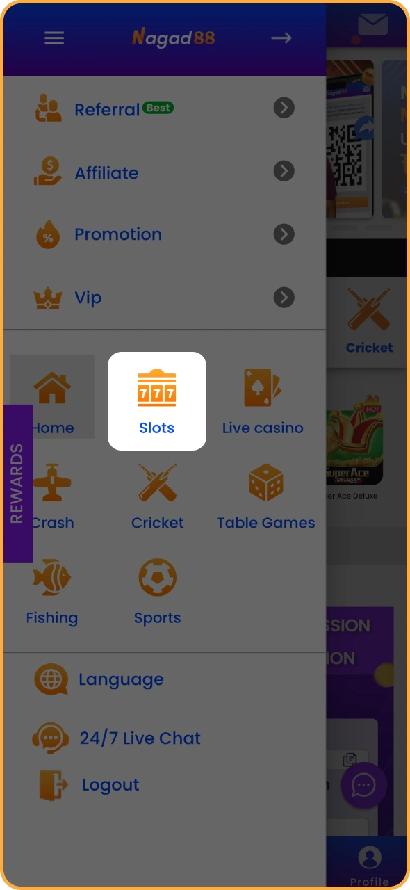 Open the Nagad88 main menu to find slot section.